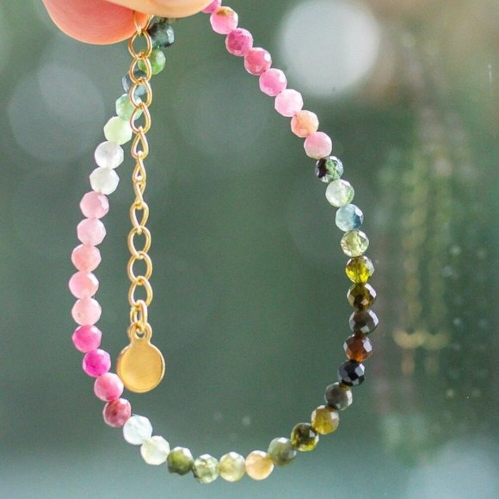Gemstone Watermelon Tourmaline Bracelet Waterproof Non Tarnish Gold Gift for Her - Picture 2 of 10